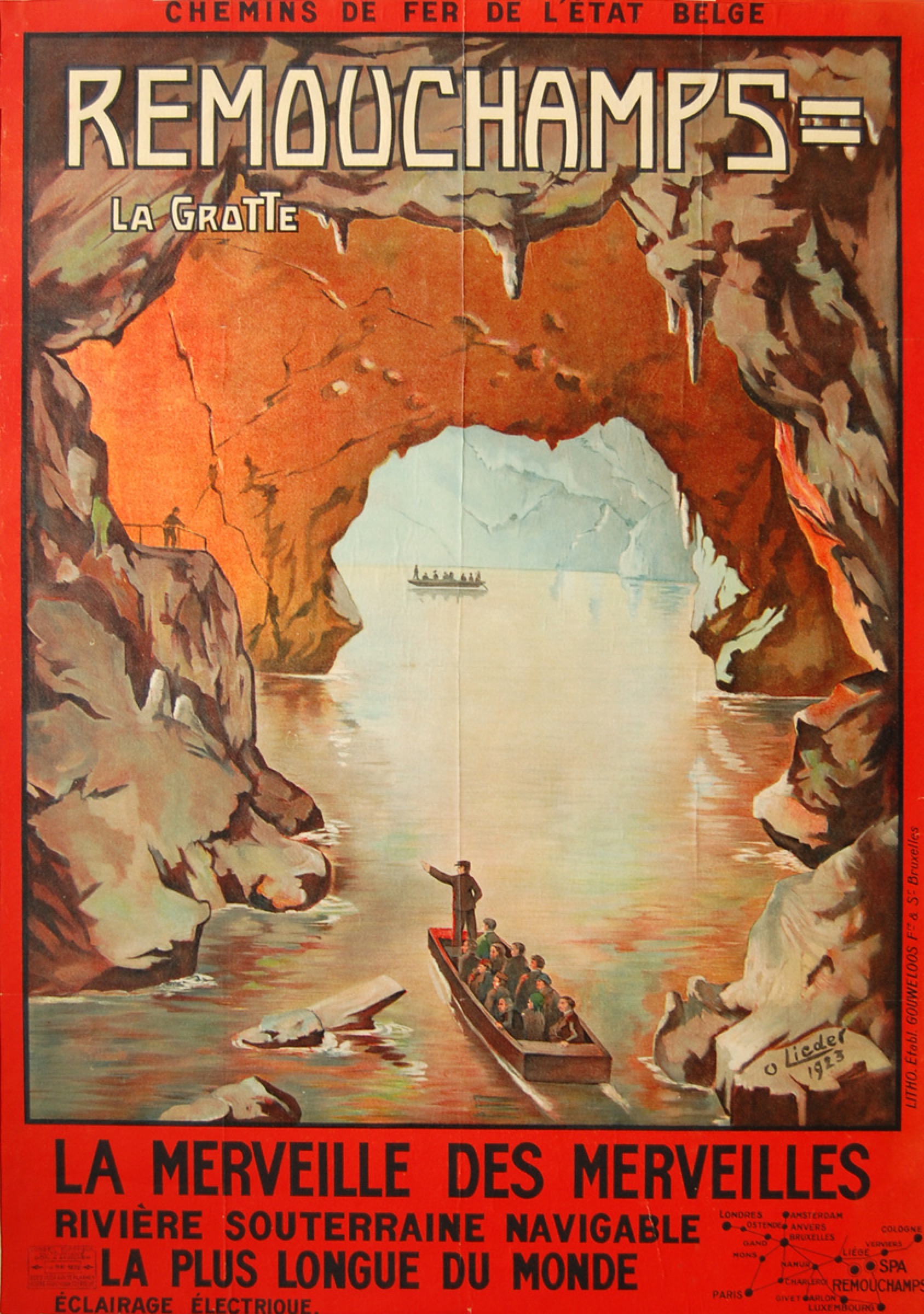 Poster du lịch cổ điển Hang Remouchamps (Bỉ, 1923)